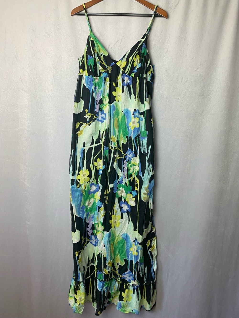 Black Floral Sundress Romantic Summer Boho with Coastal Green & Blue Flowers - Picture 2 of 7